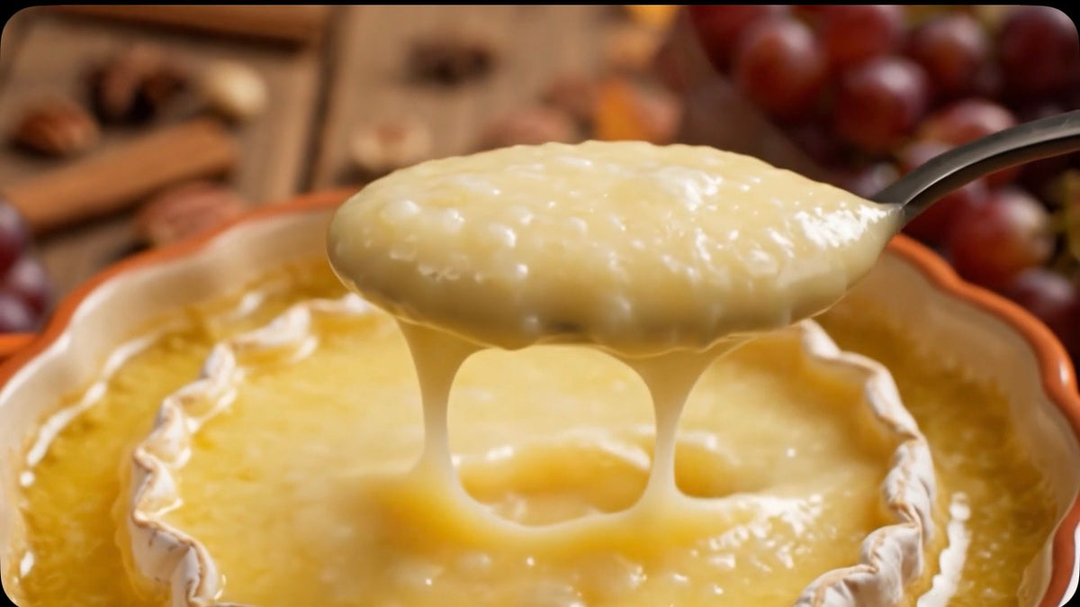 A close-up of a creamy yellow cheese dip or fondue in an orange-rimmed bowl, with a spoon lifting a glossy, stretchy portion of the cheese. The background is softly blurred with red grapes and warm spices.