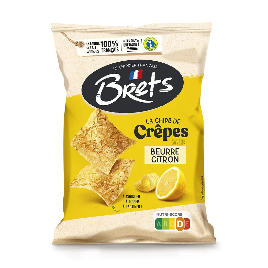Front of Brets Butter & Lemon crêpe-chip bag labeled Beurre Citron
