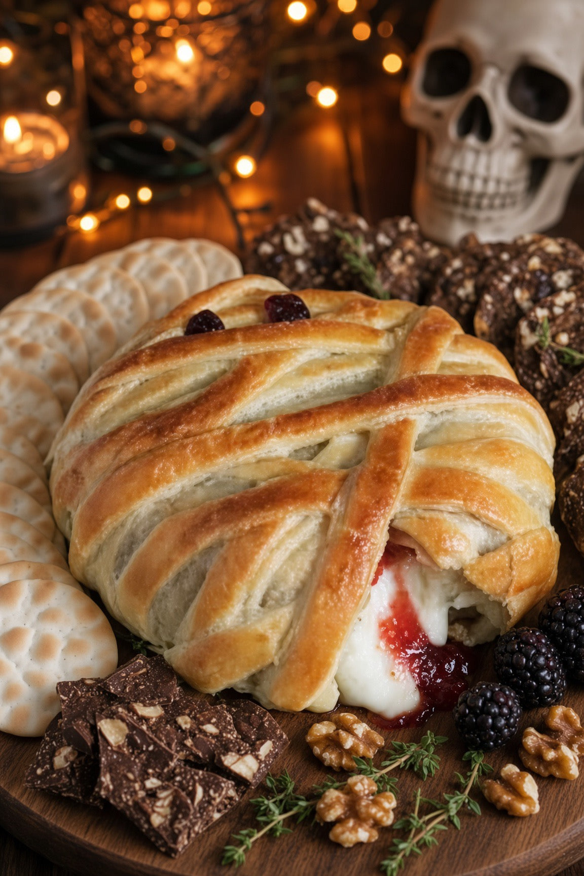 Halloween Baked Brie En Croûte Mummy with Pumpkin or Ghost Bamboo Serving Tray - Cranberry, Orange & Pecans, Serves 6 - 8