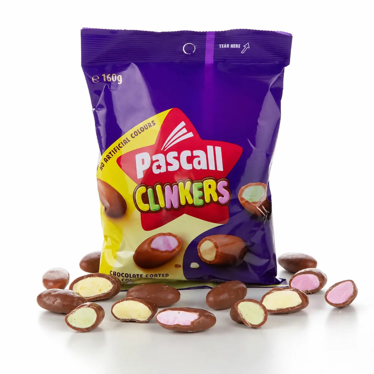 Pascall Clinkers 160 g pouch with whole and cut chocolate-coated candies on a white background.” This is my preferred main image.