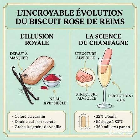 An educational infographic in French titled 'L'INCROYABLE ÉVOLUTION DU BISCUIT ROSE DE REIMS' comparing royal icing cookie secrets with champagne science, featuring illustrations of a rose-dusted cookie, vanilla beans, and a champagne flute.