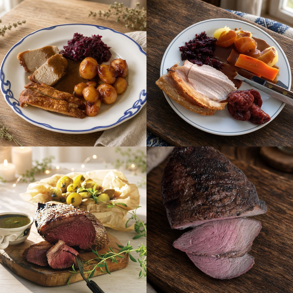Culotte beef roast sliced on a wooden board, with potatoes, herbs, and sauce alongside
