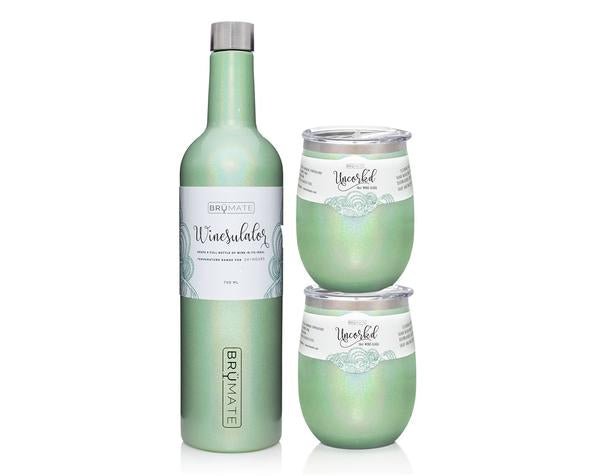 Winesulator + 2 Uncork'd XL Wine Glasses/Lid | GLITTER MINT | BrüMate