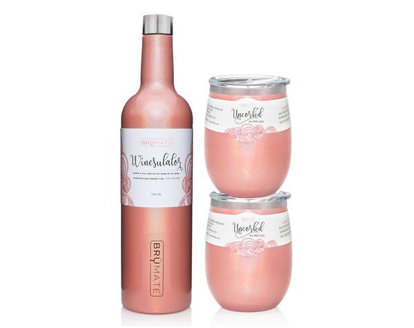 Winesulator + 2 Uncork'd XL Wine Glasses/Lid | GLITTER PEACH | BrüMate