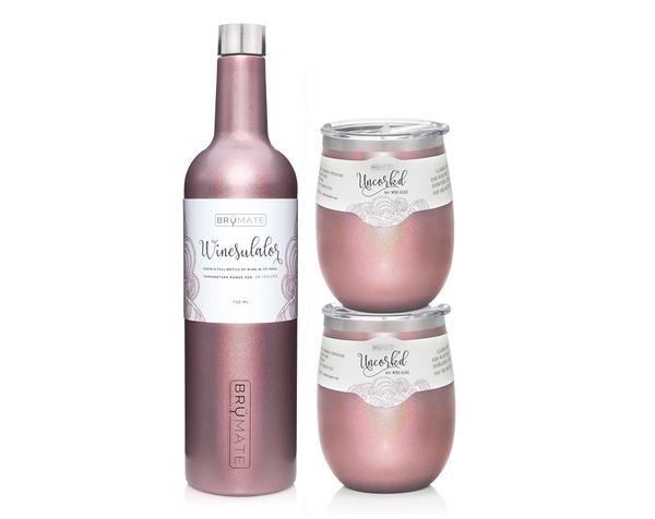 Winesulator + 2 Uncork'd XL Wine Glasses/Lid | GLITTER ROSE GOLD | BrüMate