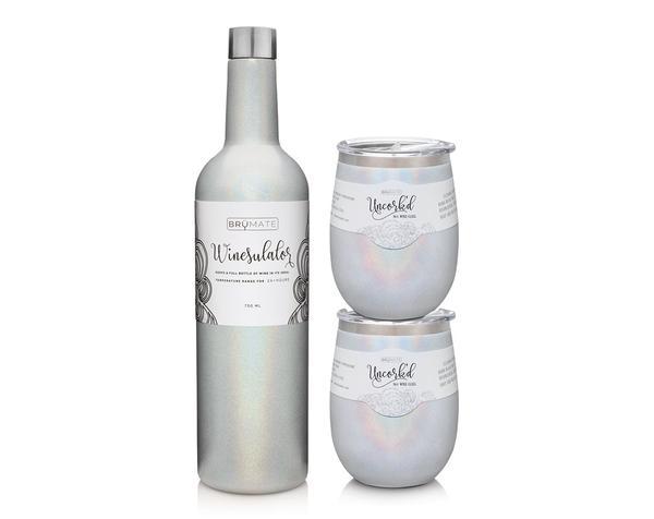 Winesulator + 2 Uncork'd XL Wine Glasses/Lid | GLITTER WHITE | BrüMate