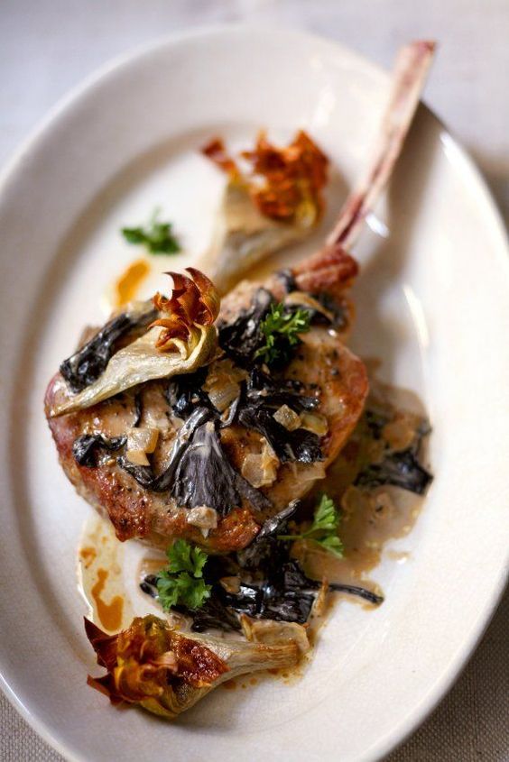 Roasted Veal Chops with Black Trumpet Mushrooms & Artichokes