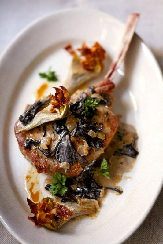 Roasted Veal Chops with Black Trumpet Mushrooms & Artichokes