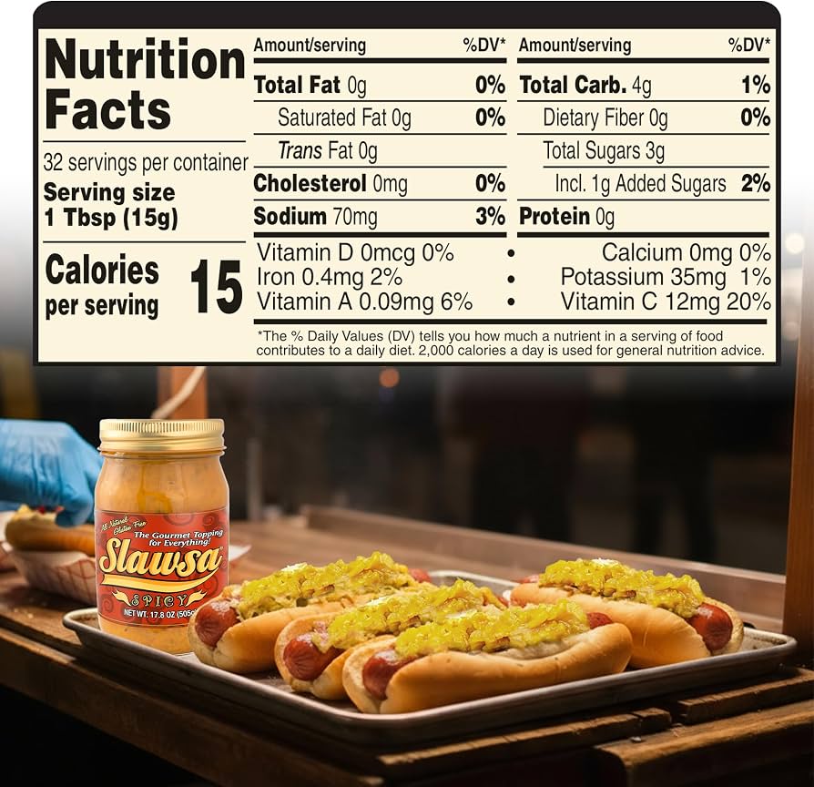 A jar of Sausage and Pepperoni Hot Dogs from Slawsa displayed on a tray with several cooked hot dogs topped with mustard, in front of a large Nutrition Facts label.
