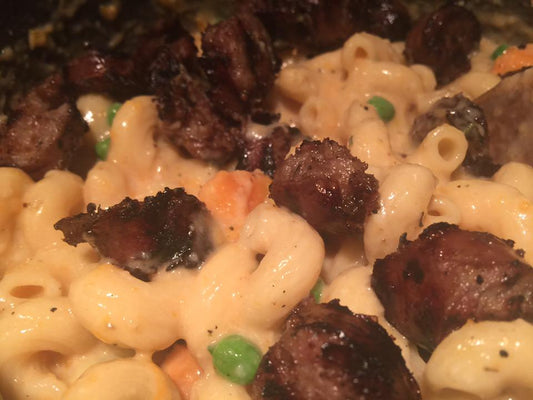 Parmesan Panko Crusted Rootbeer Infused Bratwurst Baked Sweet Potato Mac and Cheese Casserole w/ Garlic & Fresh Sweet Peas