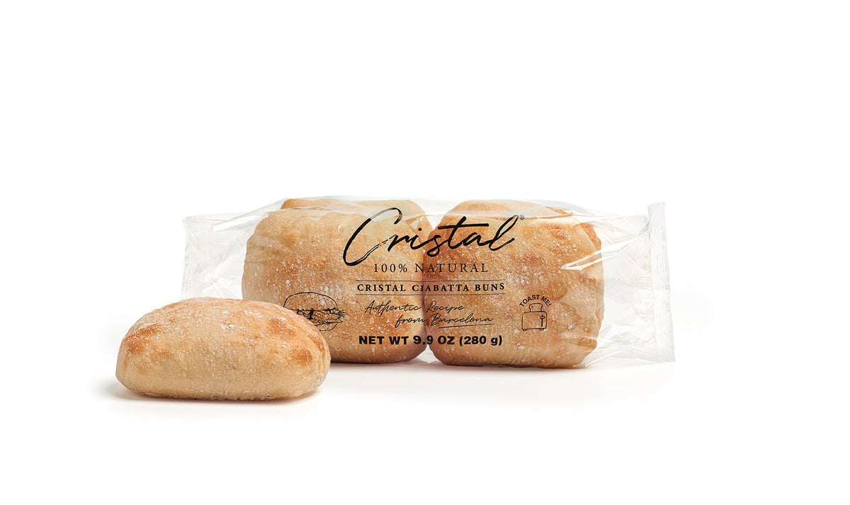 Euro Classic Cristal Ciabatta Buns in a 9.9 oz package with one bun displayed in front
