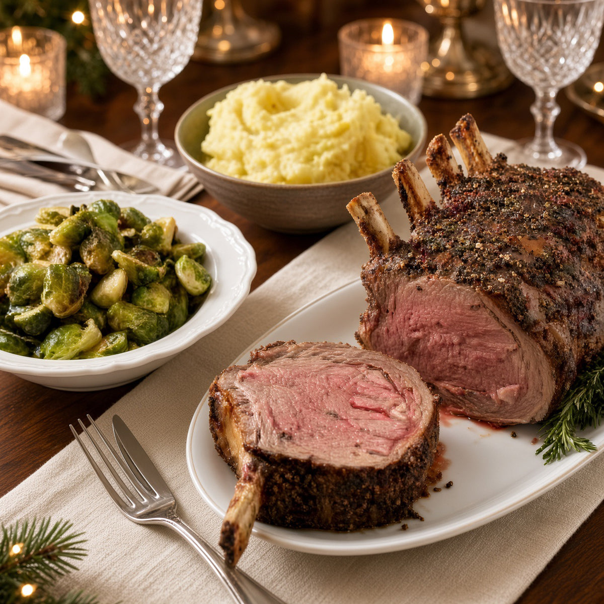 A plated rack of cooked prime rib roast with a sliced piece showing pink medium-rare meat, served on a dining table with mashed potatoes, Brussels sprouts, wine glasses, and candles.