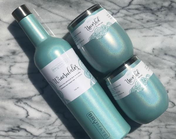 Winesulator + 2 Uncork'd XL Wine Glasses/Lid | GLITTER AQUA BLUE | BrüMate