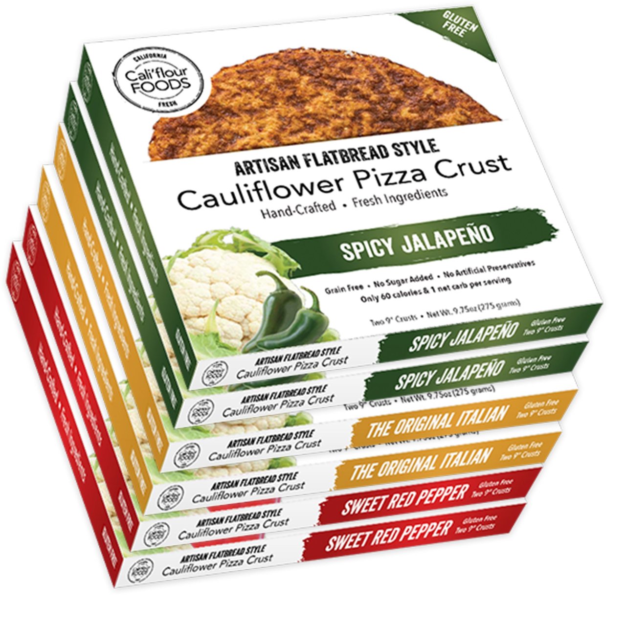 Cali'flour Foods Gluten Free, Low Carb Cauliflower Pizza Crusts - 6 Original Italian Crusts, 2 Sweet Red Pepper Crusts, and 2 Dairy Free Plant