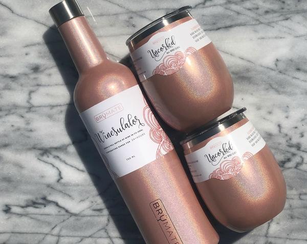 Winesulator + 2 Uncork'd XL Wine Glasses/Lid | GLITTER PEACH | BrüMate