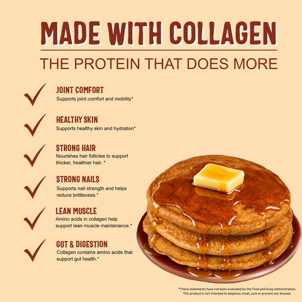 Collagen benefits listed with a stack of pancakes on a beige background