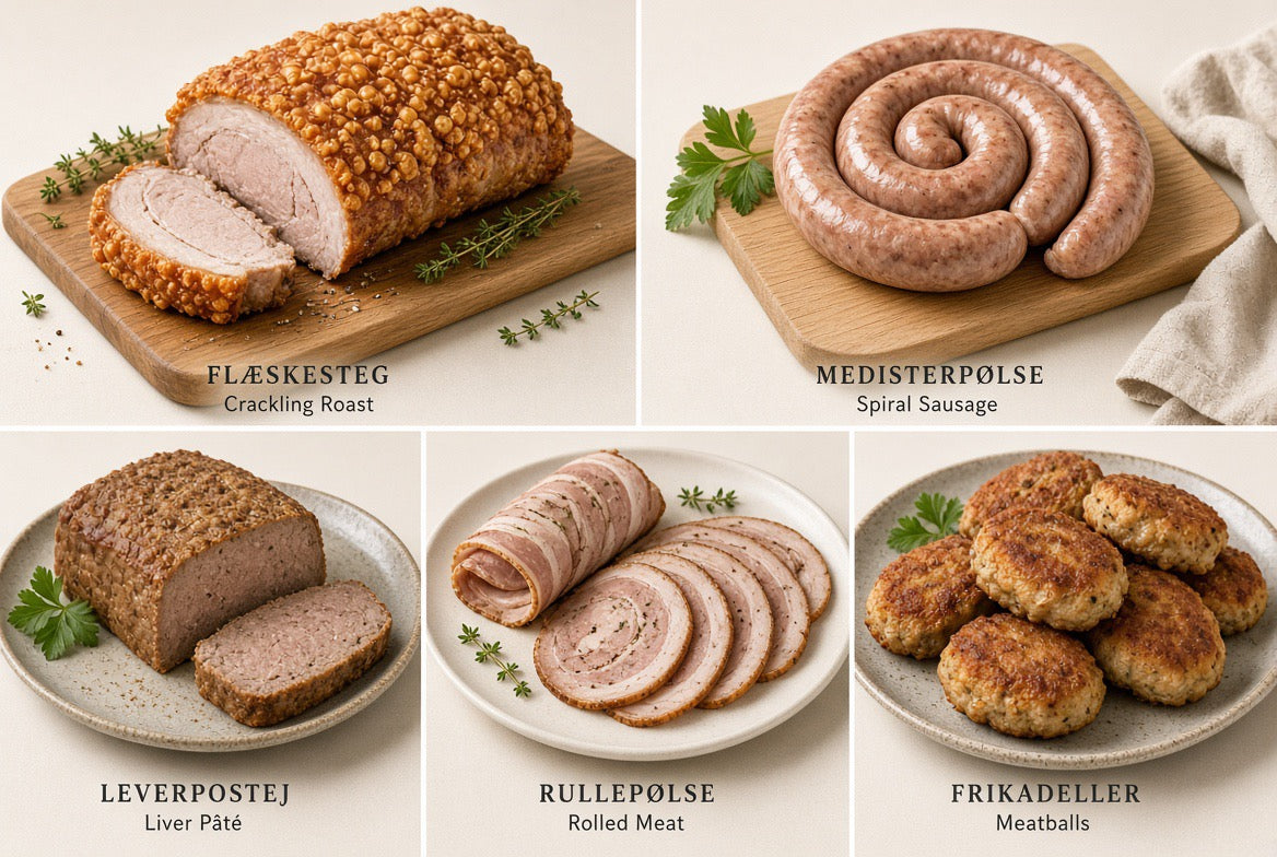 Five-panel collage of flæskesteg pork roast, medisterpølse sausage, leverpostej pâté, rullepølse rolled pork, and frikadeller meatballs.