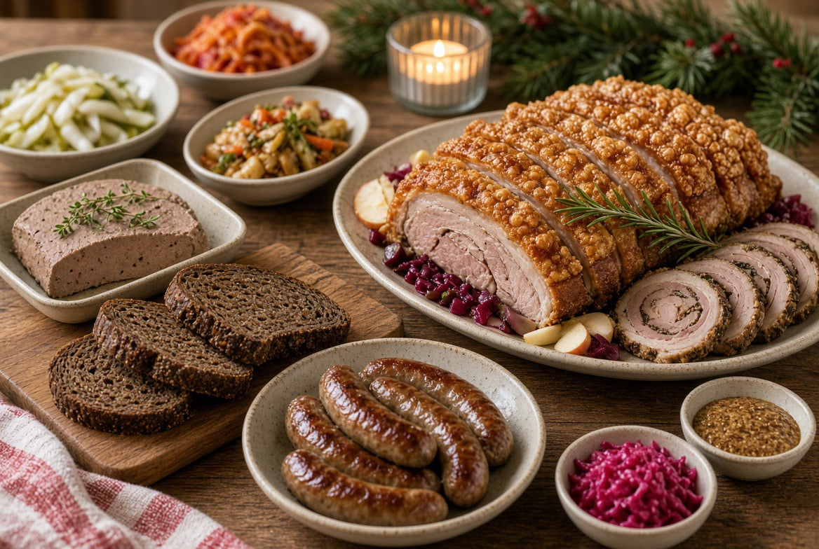 Scandinavian holiday spread with crackling pork roast, rolled pork, sausage, pâté, rye bread, and side dishes.