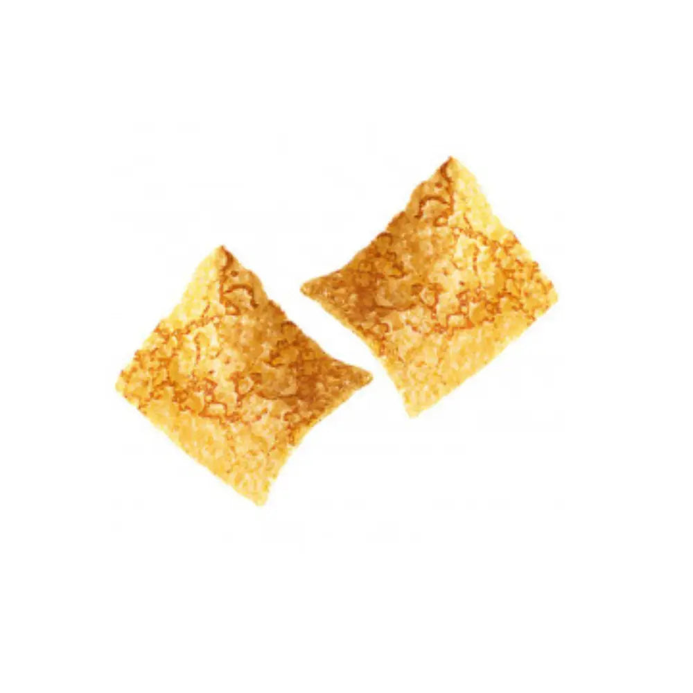 Two golden square Brets crêpe chips on a white background
