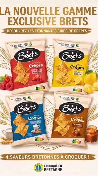 Brets promotional poster showing four flavors of Breton crêpe chips
