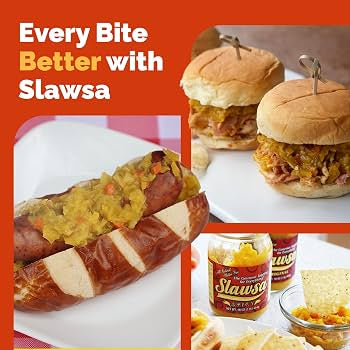 Promotional image for Slawsa with hot dogs, burgers, and a jar of Slawsa on an orange background.
