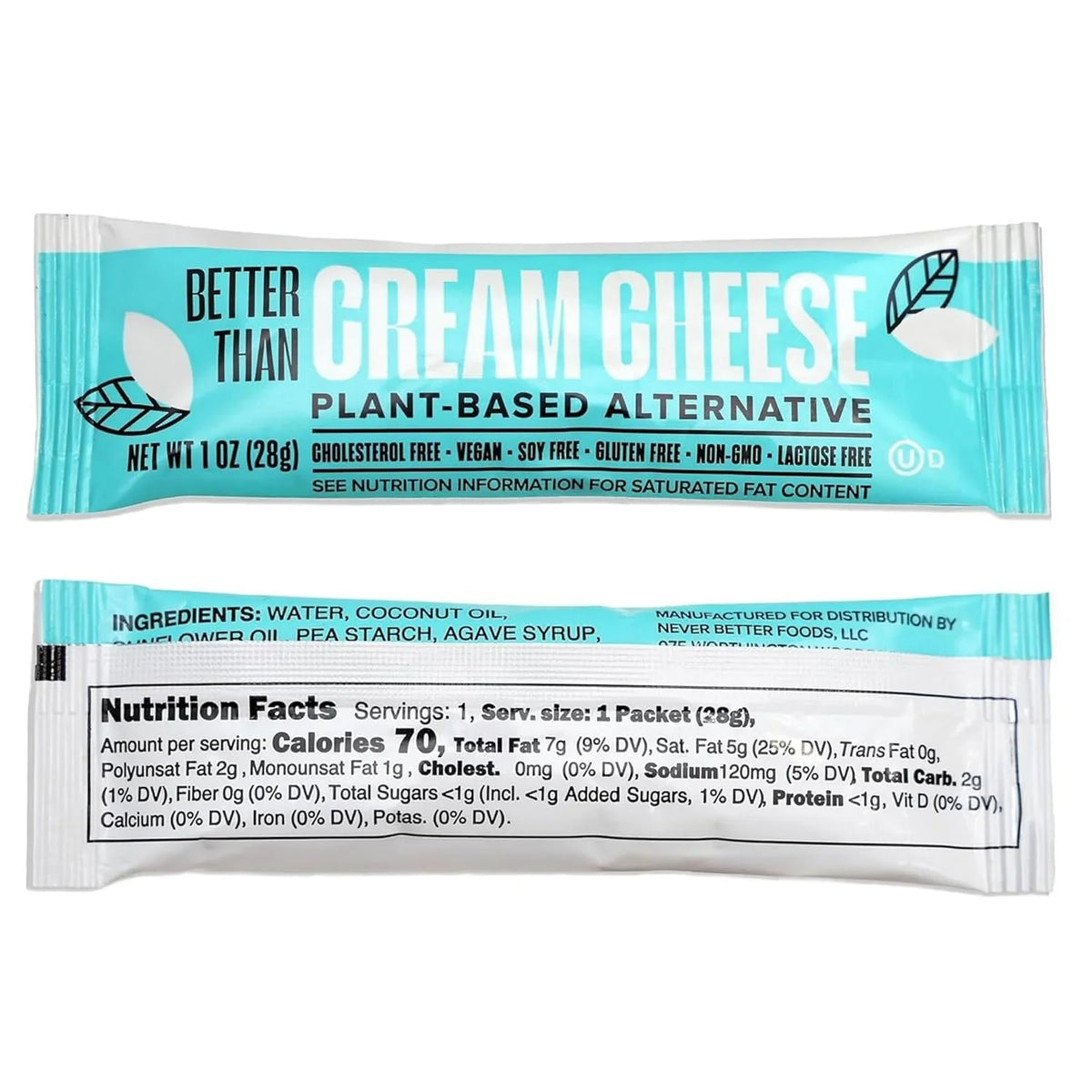 Never Better Plant-Based Cream Cheese — 50 Single-Serve Pouches, 1 oz each | Dairy-free • Vegan • Smooth & spreadable
