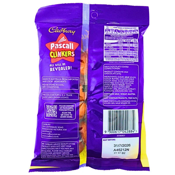 Rear of a Pascall Clinkers pouch showing ingredients, allergen information, nutrition panel and barcode.