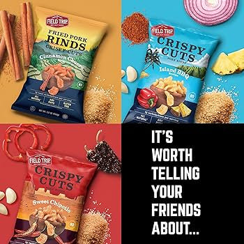 Field Trip Gluten Free Pork Rinds Cracklins, Crunchy Paleo and Keto Friendly Snack, High Protein Low Carb Snacks, Island BBQ, Cinnamon Churro, and Sweet Chipotle, 1oz Bag, 6 Variety Pack