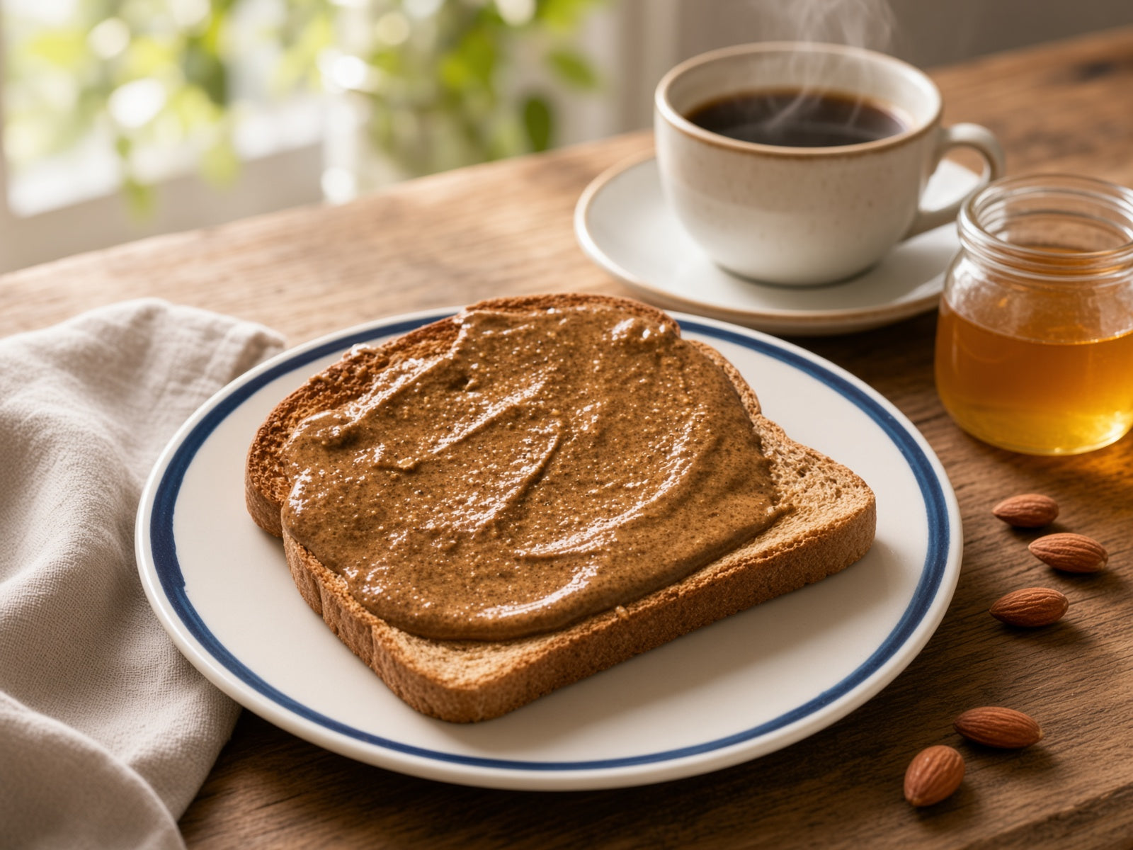 A slice of whole wheat bread spread with thick brown peanut butter on a white plate with a blue rim, set on a wooden table next to a cup of coffee, a jar of honey, and scattered almonds.
