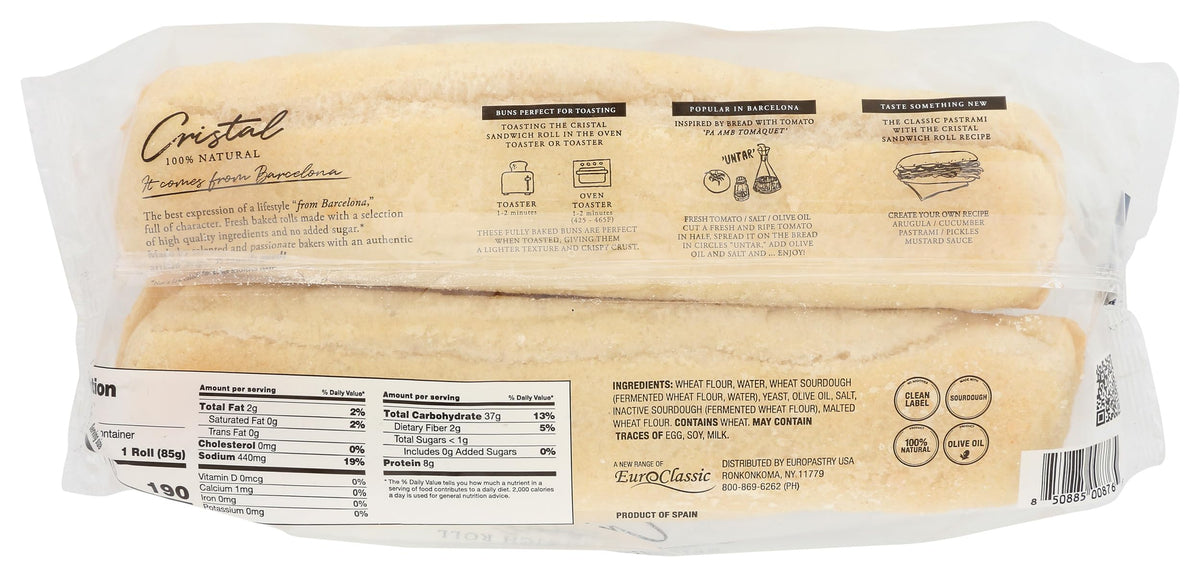 Back of Euro Classic Cristal bread packaging showing ingredients, nutrition information and serving suggestions
