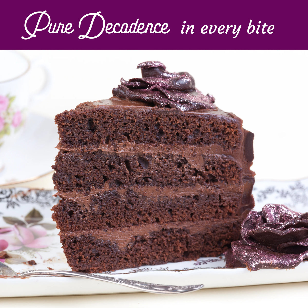 Slice of chocolate cake with purple frosting on a decorative plate, text 'Pure Decadence in every bite' above.