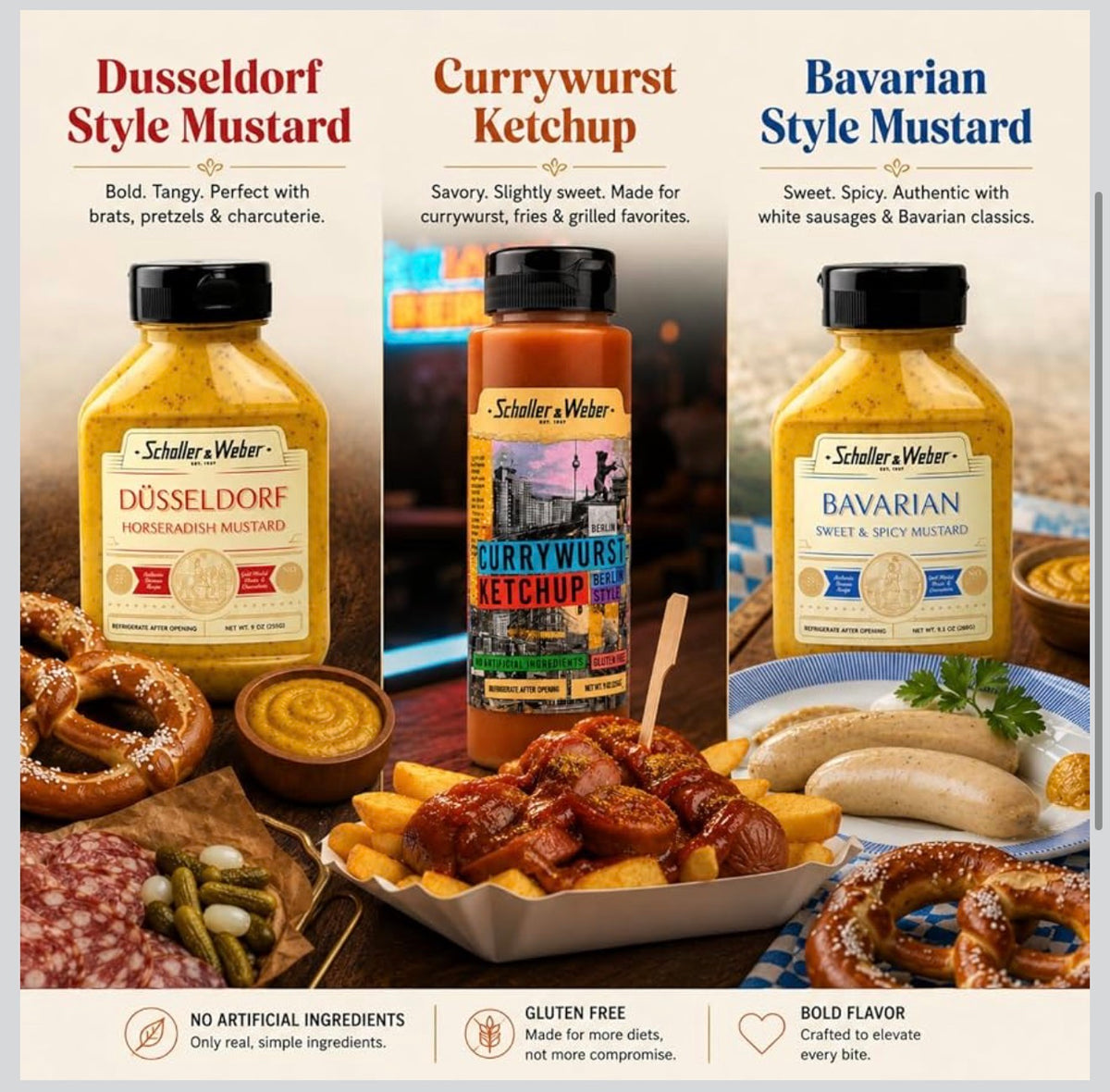 Schaller & Weber German Mustard & Currywurst Ketchup Trio, Gluten-Free