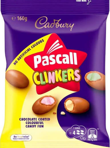 Front of a Cadbury Pascall Clinkers 160 g purple pouch.