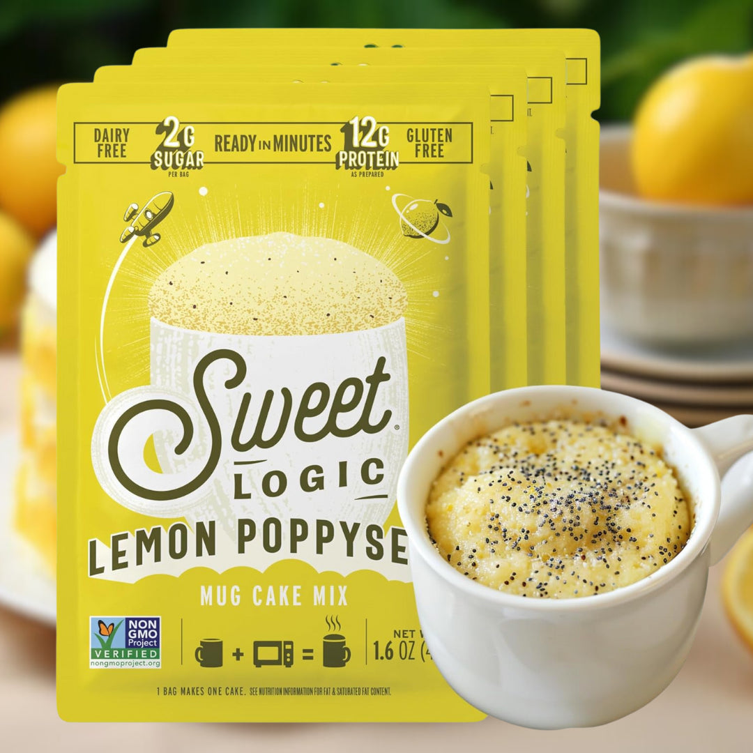 Sweet Logic Lemon Poppyseed mug cake mix packaging with a prepared mug cake.