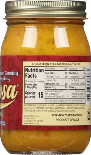 A jar of Slawsa showing the back label with nutrition facts, a red and gold wrapper, and a silver metal lid against a white background.