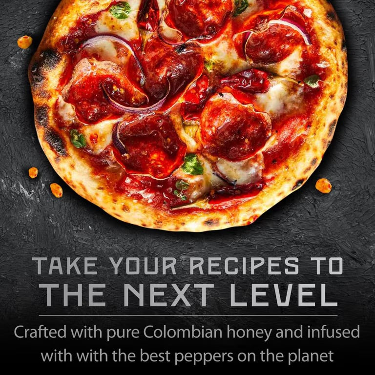 Pepperoni and red onion pizza above serving-suggestion text for Melinda’s hot honey
