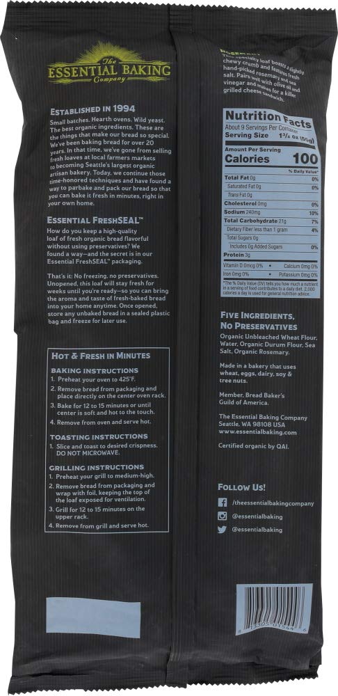 Take & Bake Rosemary Bread - Certified Organic , Non-GMO - No Preservatives, Only 5 Ingredients, Freshness Seal