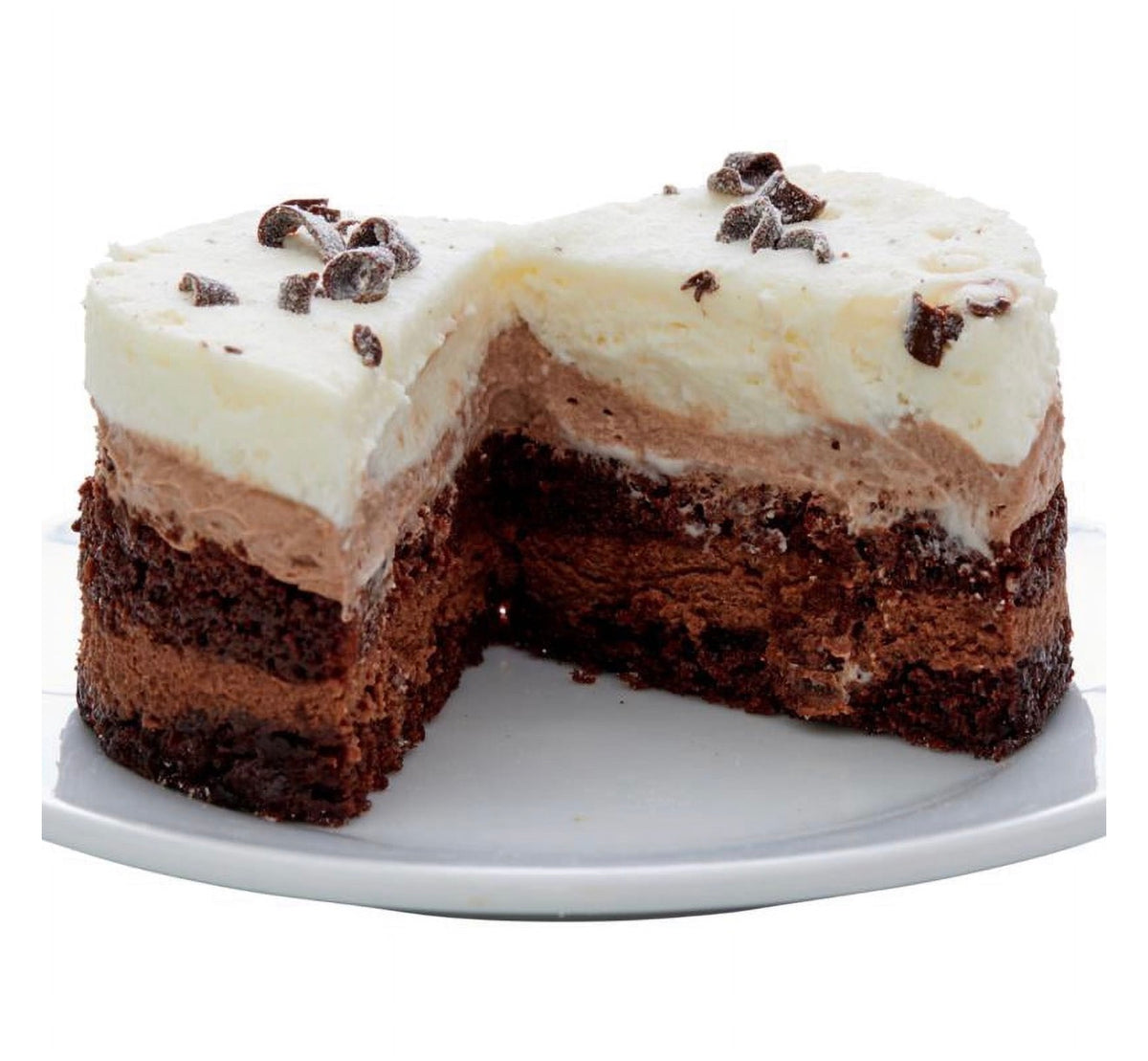 A chocolate cake with a thick layer of white frosting on top and a slice cut out, showing its layered chocolate cake and cream filling. The cake is decorated with chocolate chips and sits on a white plate against a white background.