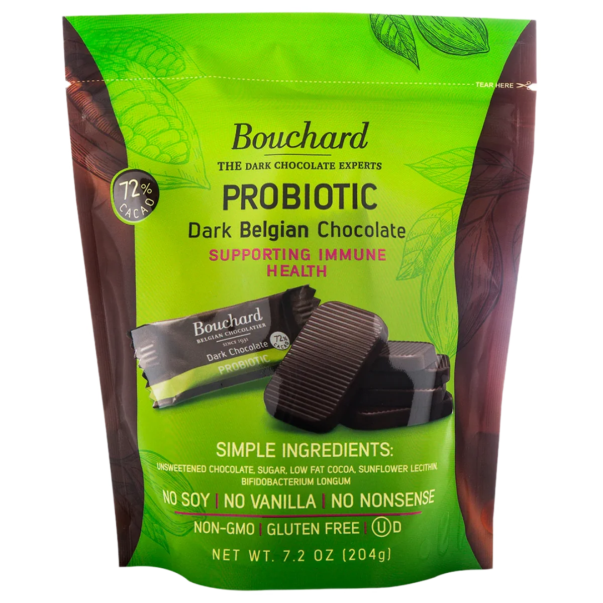 green bag front: Bouchard 72% cacao probiotic Belgian dark chocolate, front of 7.2 oz bag