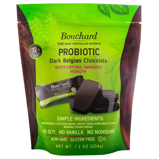 green bag front: Bouchard 72% cacao probiotic Belgian dark chocolate, front of 7.2 oz bag