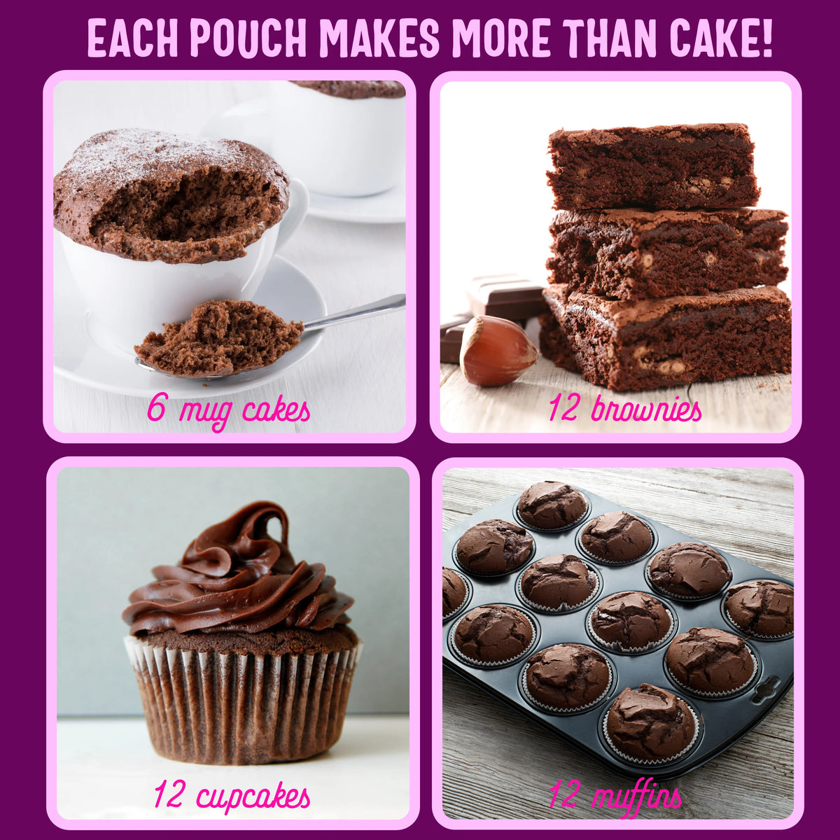 Collage of chocolate desserts with text indicating quantity per pouch on a purple background.