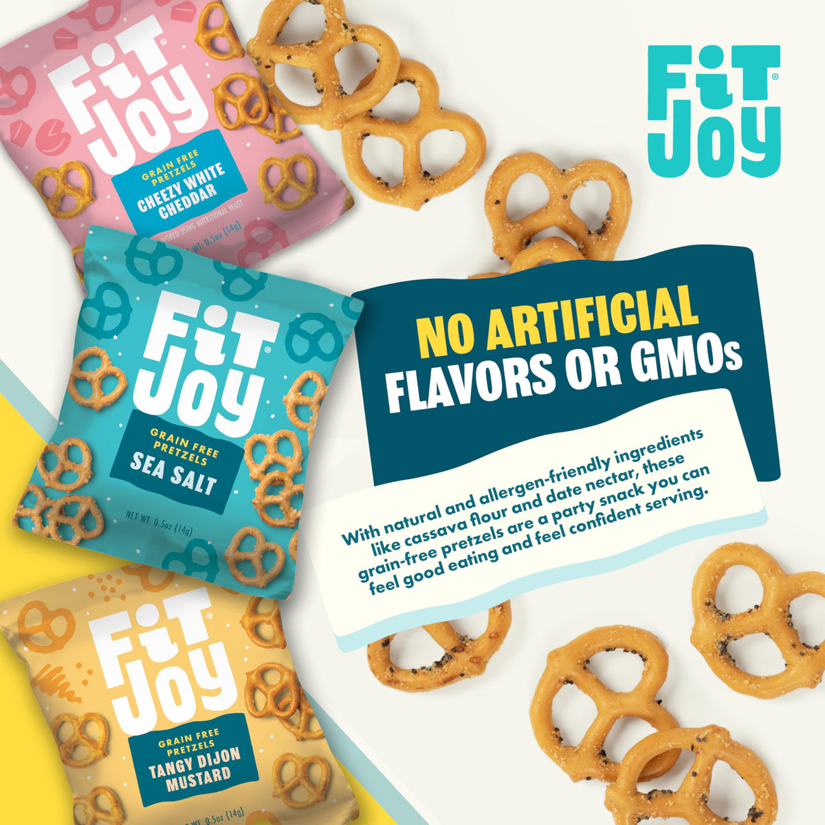 FitJoy Pretzel Variety Pack — Sea Salt, Dijon Mustard & White Cheddar, Gluten-Free, Grain-Free, 24 Count (0.5 oz)
