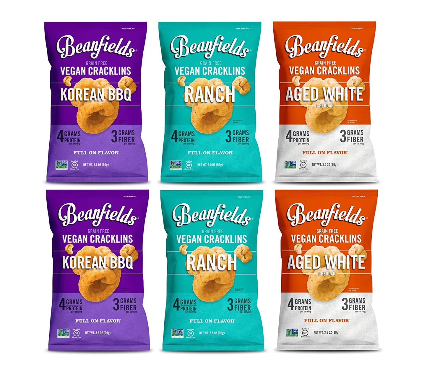 Beanfields Grain Free Cracklins -3 Flavor Variety Pack Korean BBQ, Aged White Cheddar & Ranch - 6 Pack