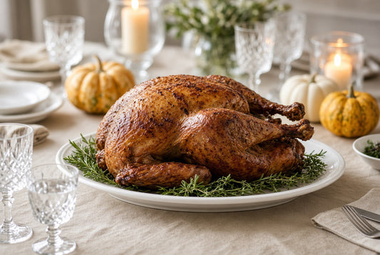 A roasted whole turkey on a white platter with rosemary, set on a beige tablecloth with candles, glasses, and small pumpkins in the background.