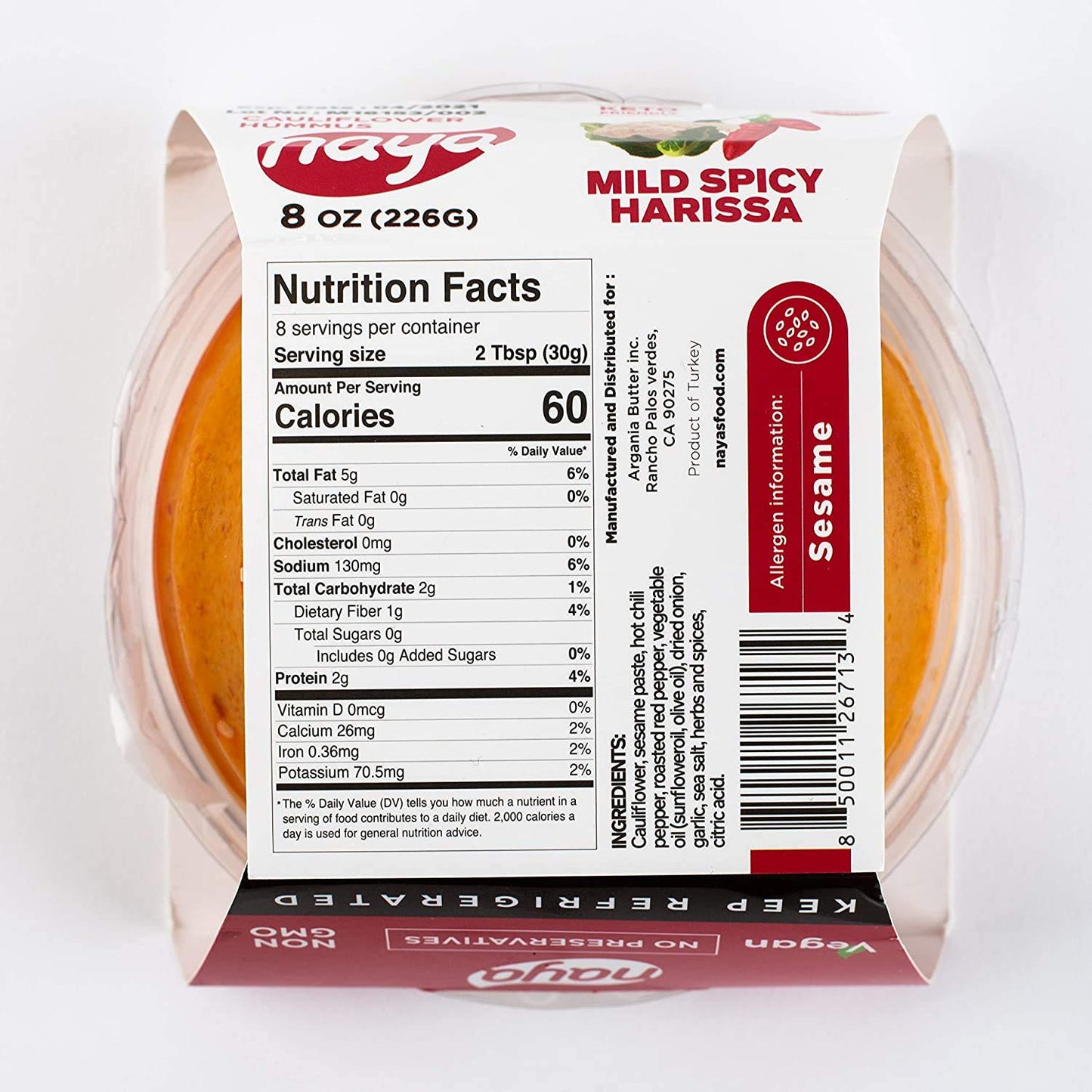 Cauliflower Dip Hummus Snack Pack - Mild Harissa Flavor with Sea Salt