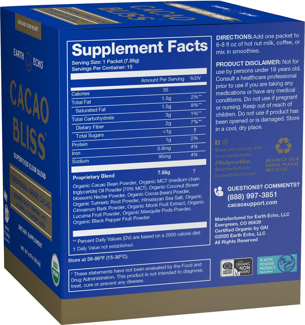 Earth Echo: Cacao Bliss - Organic Chocolate Powder Mix with Cinnamon, Turmeric, MCT Oil and Lucuma - 15 travel size