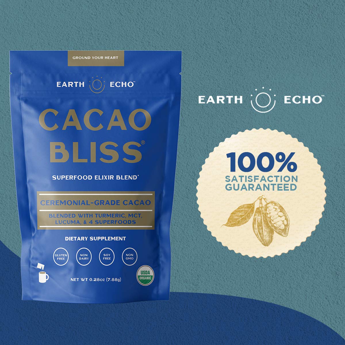 Earth Echo: Cacao Bliss - Organic Chocolate Powder Mix with Cinnamon, Turmeric, MCT Oil and Lucuma - 30 Servings