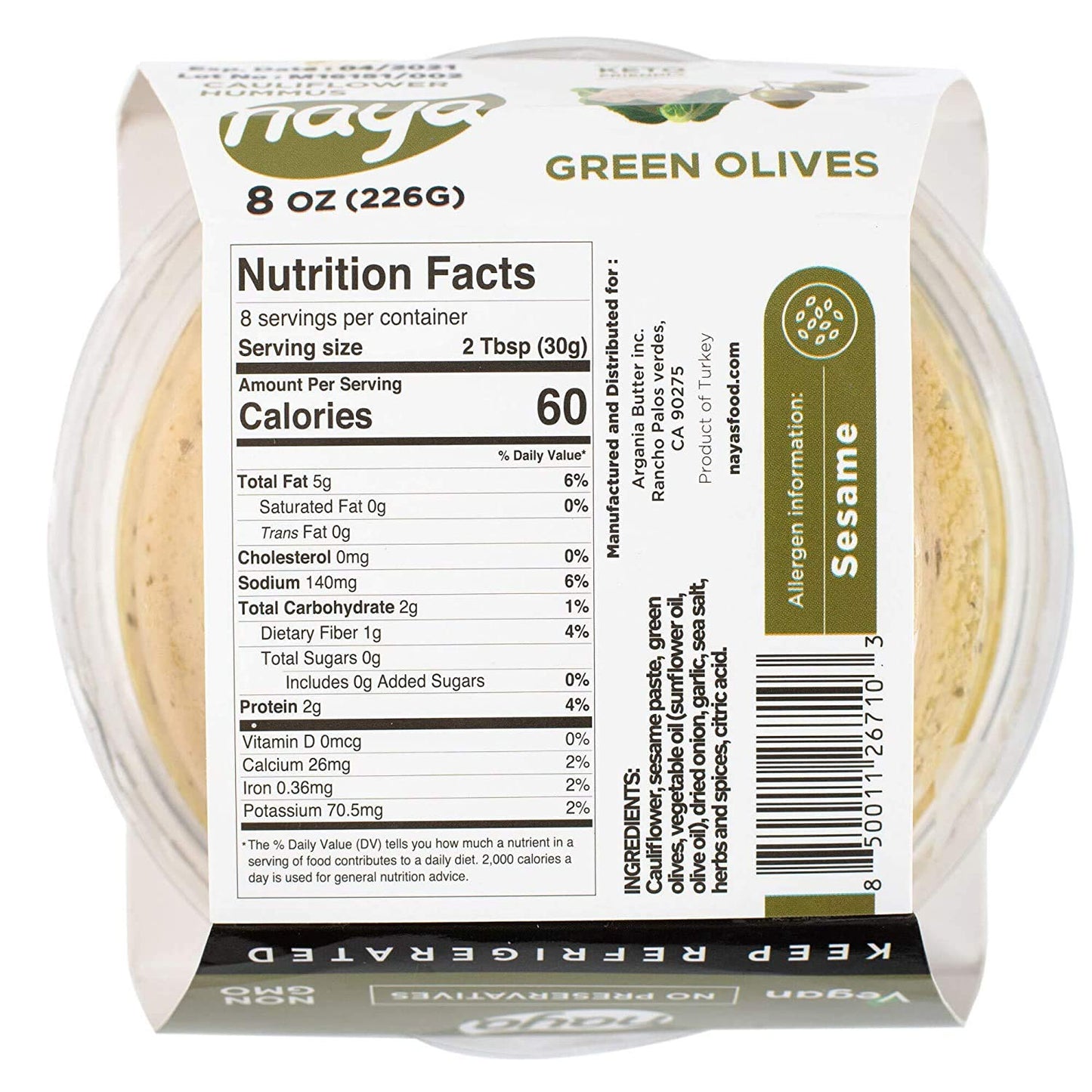 Cauliflower Dip Hummus Snack Pack - Green Olives