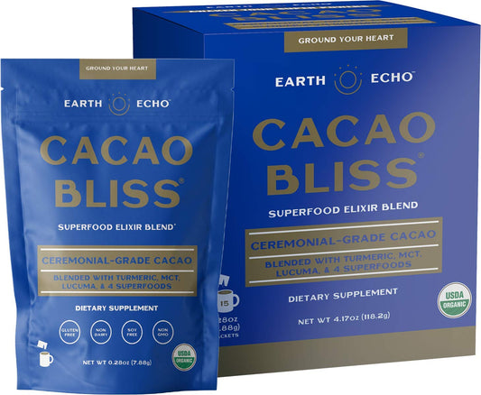 Earth Echo: Cacao Bliss - Organic Chocolate Powder Mix with Cinnamon, Turmeric, MCT Oil and Lucuma - 15 travel size