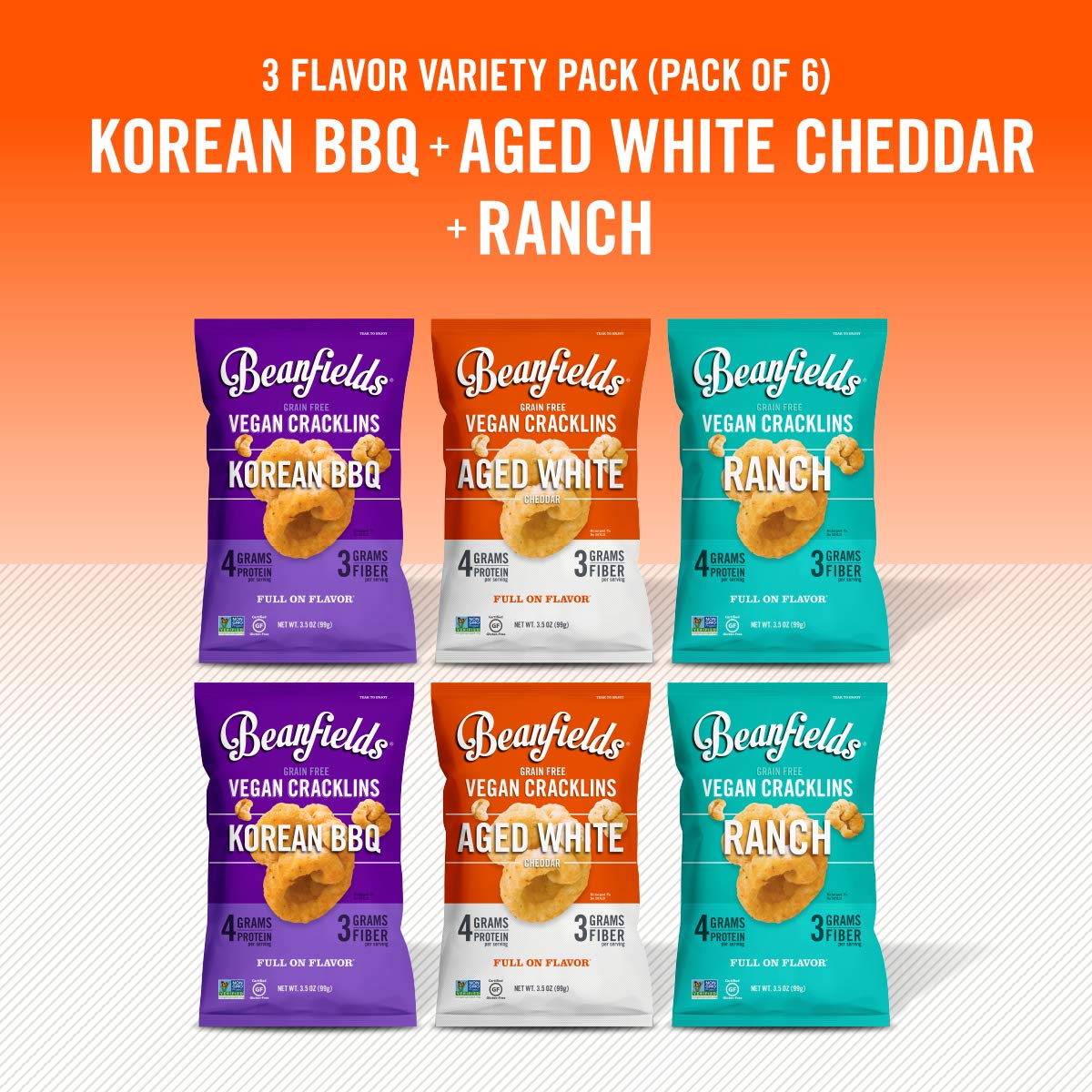 Beanfields Grain Free Cracklins -3 Flavor Variety Pack Korean BBQ, Aged White Cheddar & Ranch - 6 Pack